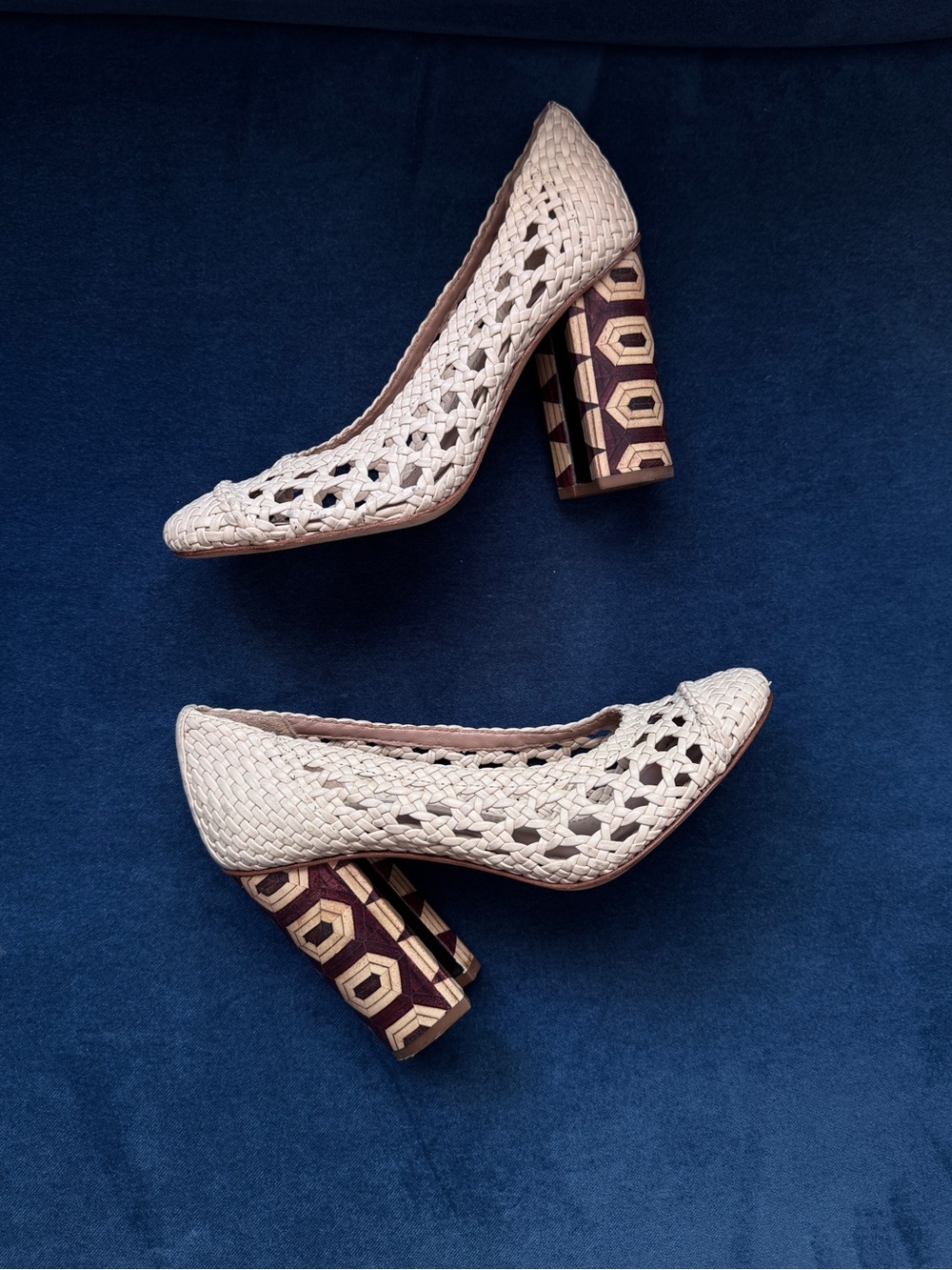 Tory Burch Grove Woven Pump Chunky Heels Dulce‎ de Leche Size 5 1/2 M